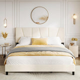 Garvee King Size Bed Frame with Adjustable Headboard, Velvet Upholstered Tufted King Platform Bedframe with Strong Wooden Slats, Mattress Foundation, No Box Spring Needed, Easy Assembly, Beige - Beige