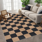 Garvee Checkered Easy Jute Area Rugs 5x7 Black Tan for Living Room Indoor Outdoor Farmhouse Patio - Brown-Checkerboard-1