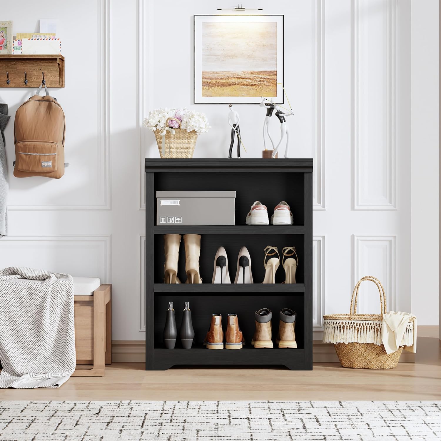 Garvee 3 Tier Bookshelf, 39.4" Tall Farmhouse Bookcase with Adjustable Shelves, 31.5" W Floor Standing Open Display Storage Rack with Anti-Slip Design for Home Office, Balcony, Library, Study / Living Room, Black