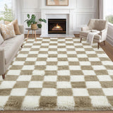 Garvee Area Rug 8x10 Classic Checkered Shaggy Rug Brown White Soft Fluffy Carpet for Living Room Bedroom Nursery - Coffee