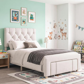 Garvee Spacious Storage Drawers Upholstered Platform Bed Frame - Twin Size - Sturdy-color -> Sturdy Wooden Slats - Sturdy Mattress Foundation - Easy Assembly - No Box Spring Needed - Offwhite -> Light Beige - TWIN Offwhite -> Light Beige