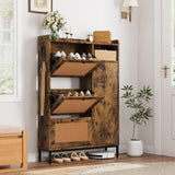 Garvee Rattan Shoe Storage Cabinet with 3 Flip Drawers, Freestanding Organizer with Adjustable Shelves for Entryway, Narrow Shoe Rack Cabinet for Hallway, Easy Assembly, Brown - Brown