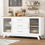 Garvee Sideboard Buffet Cabinet with 2 Fluted Glass Doors, 56" Modern Coffee Bar Cabinet with 3 Large Drawers, White Long Storage Cabinet for Kitchen Dining Living Room, Natural Top - Natural Top