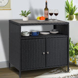 Garvee Patio Bar Table with 2-Door and Shelf,Patio Outdoor Wicker Storage Cabinet with Shelf,Powder Coated Steel,All Weather Resin Wicker,Patio Pool Garden Kitchen,Gray - Black+Gray