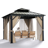 Garvee 10'x10' Hardtop Gazebo with Double Metal Roof Aluminum Frame, Net & Curtain, All-Weather Patio Shelter for Deck, Garden & Backyard, Khaki - Khaki