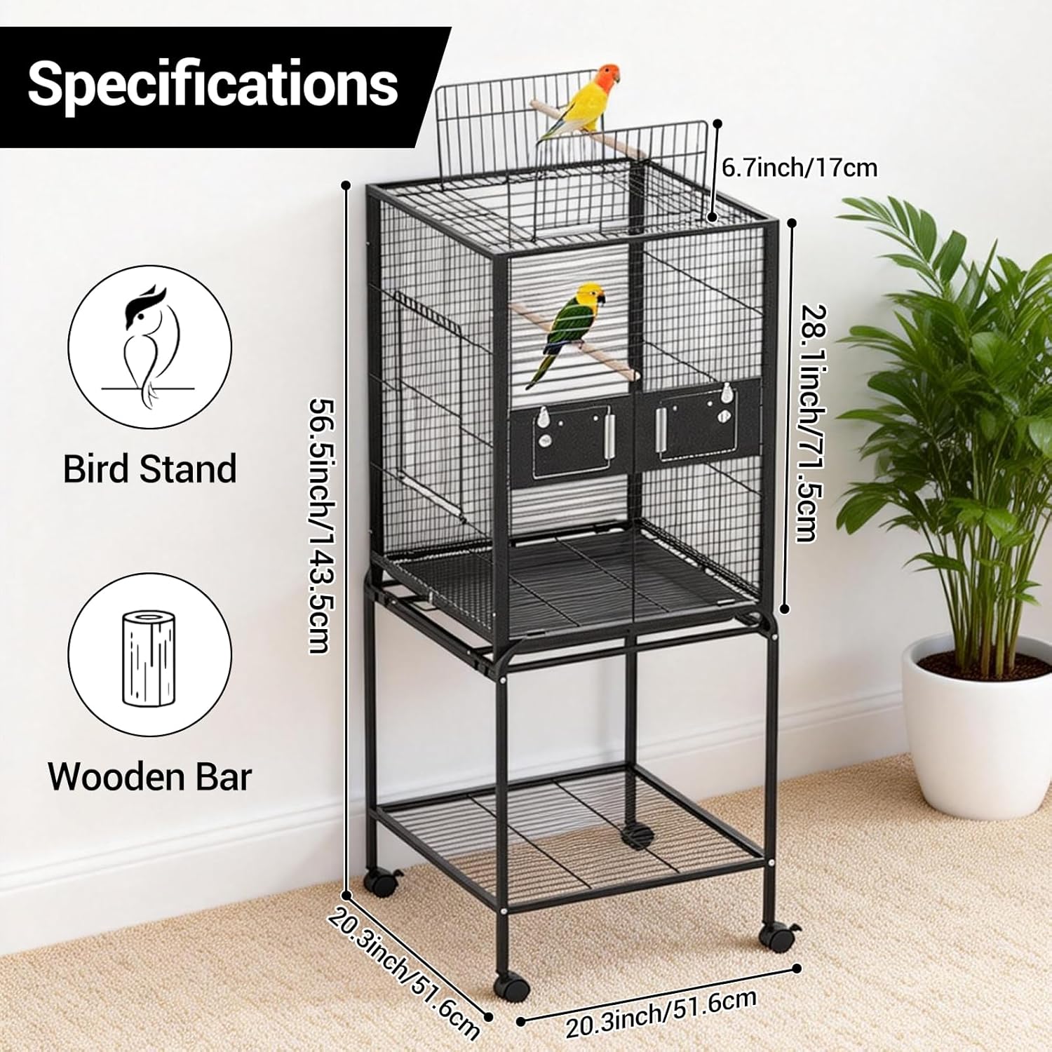 Garvee Bird Cage with Wheels, Durable Wrought Iron Parakeet Cage with Slide Out Tray, 63 Inch Black Bird Cages for Parakeets Lovebird Cockatiels Budgies and Other Small Medium Birds, Black