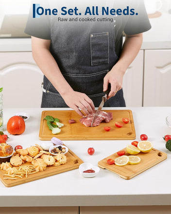 Garvee Bamboo Cutting Board Set of 3 - Heavy Duty, Deep Juice Groove, Carbonized Bamboo, Built-in Handles, Multi-Size, Kitchen Prep & Serving