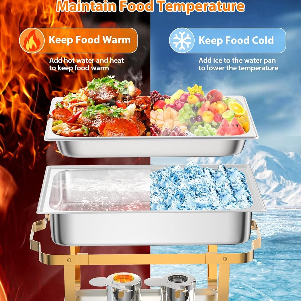 Garvee 8QT Stainless Steel Chafing Dish Buffet Set (2-Pack) - Foldable Food Warmers with Lids & Fuel Cans for Weddings, Catering, and Parties (Gold)