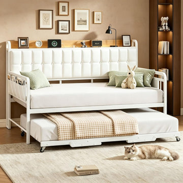 Garvee Daybed with Trundle, Twin Bed Frame with LED Light & Charing Station, Sofa Bed with Upholstered Storage Headboard and Heavy Duty Metal Slats, for Living Room, Bedroom, Guest Room, Gray/Beige