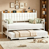 Garvee Daybed with Trundle, Twin Bed Frame with LED Light & Charing Station, Sofa Bed with Upholstered Storage Headboard and Heavy Duty Metal Slats, for Living Room, Bedroom, Guest Room, Gray/Beige - White