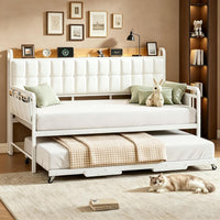 Garvee Daybed with Trundle, Twin Bed Frame with LED Light & Charing Station, Sofa Bed with Upholstered Storage Headboard and Heavy Duty Metal Slats, for Living Room, Bedroom, Guest Room, Gray/Beige