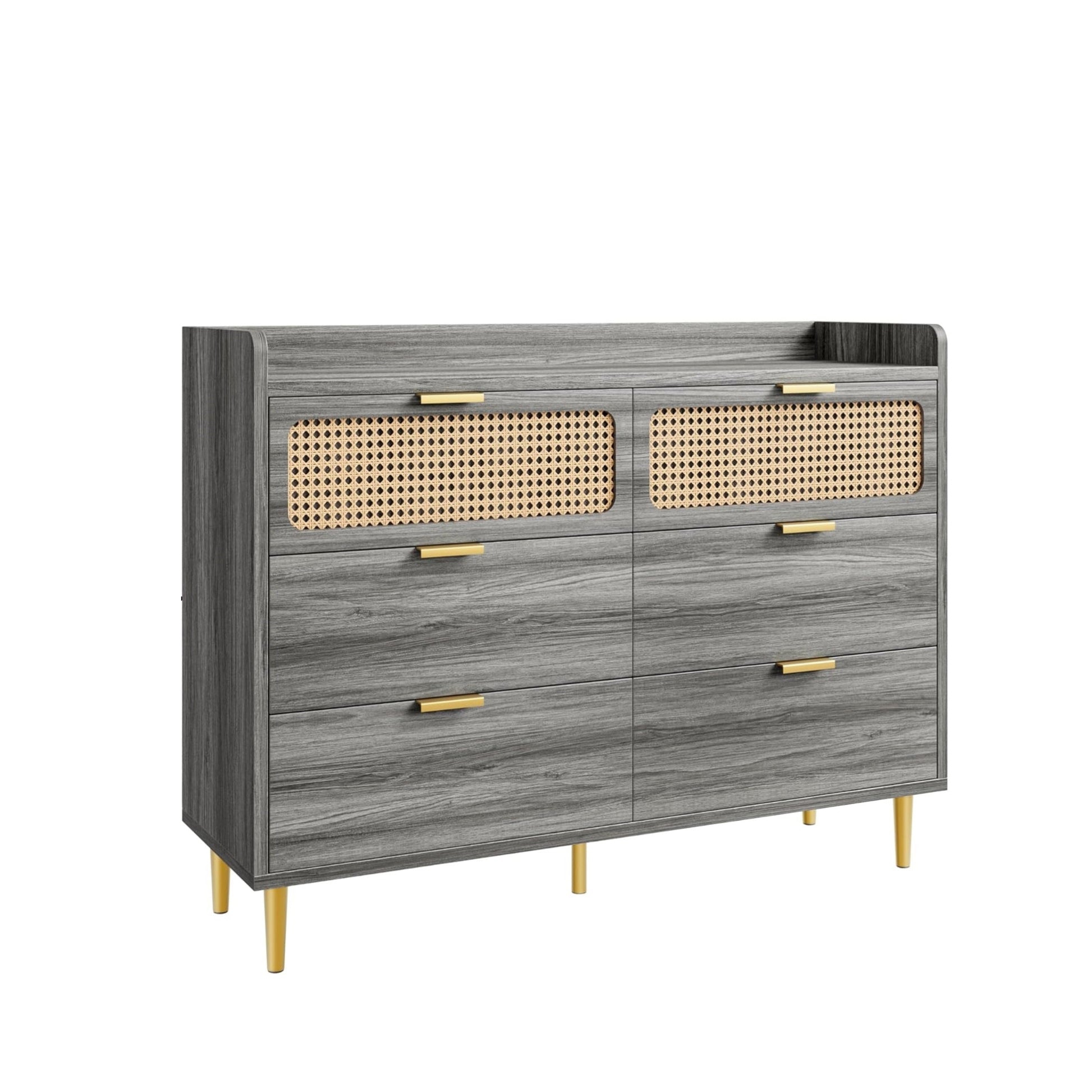 Garvee 6 Drawer Rattan Dresser, Narrow Wicker Chest of Drawer with Railed Edge, Metal Legs, Gold Handles, Farmhouse Wooden Storage Dresser for Bedroom, Living Room