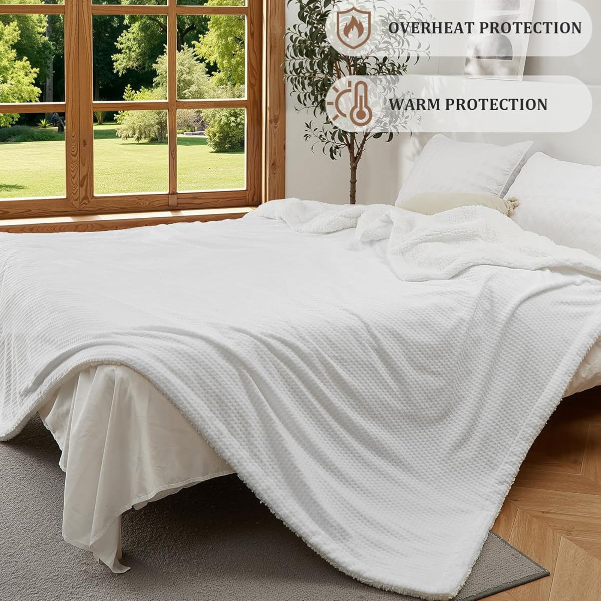 Garvee Heated Blanket Queen Size with Dual Control, Waffle Electric Blankets with ETL Certified, Soft Flannel Heating Blanket, 4 Heating Levels, 10 Hours Auto Off, White, Queen 84" x 90"