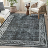 Garvee Vintage Area Rug 5x7 Grey Rug for Bedroom Machine Washable Floor Mat for Office Geometric Patio Dining Room Rug Aesthetic Carpet Non-Shedding Anti-Slip Floor Mat, Gem Printed, Gray - Gray