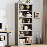 Garvee 6 Tier Bookshelf, 75" Tall Farmhouse Bookcase with Adjustable Shelves, 31.5" W Floor Standing Open Display Storage Rack with Anti-Slip Design for Home Office, Balcony, Library, Study / Living Room, Gray - Gray