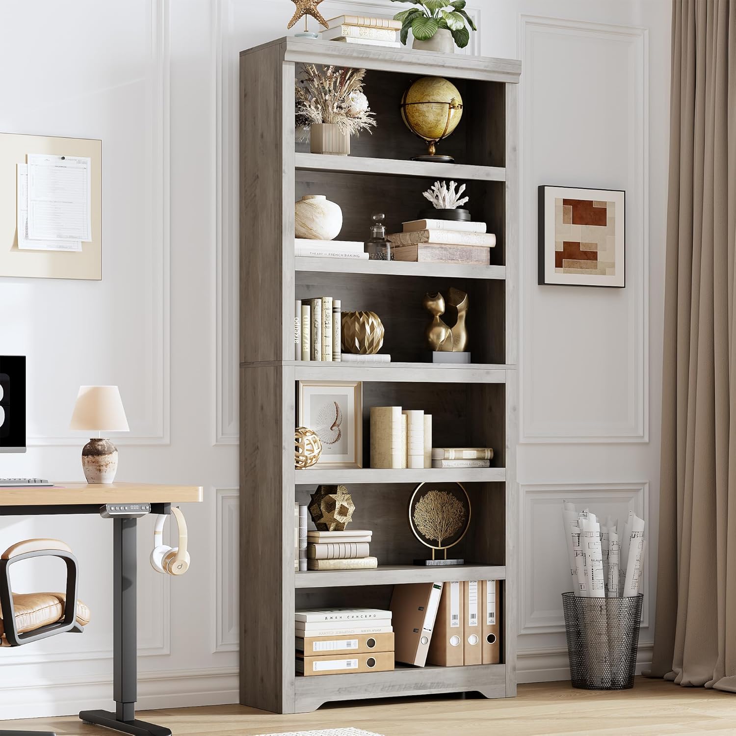 Garvee 6 Tier Bookshelf, 75" Tall Farmhouse Bookcase with Adjustable Shelves, 31.5" W Floor Standing Open Display Storage Rack with Anti-Slip Design for Home Office, Balcony, Library, Study / Living Room, Gray