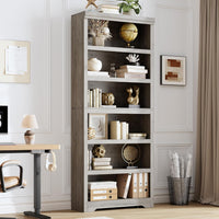 Garvee 6 Tier Bookshelf, 75" Tall Farmhouse Bookcase with Adjustable Shelves, 31.5" W Floor Standing Open Display Storage Rack with Anti-Slip Design for Home Office, Balcony, Library, Study / Living Room, Gray