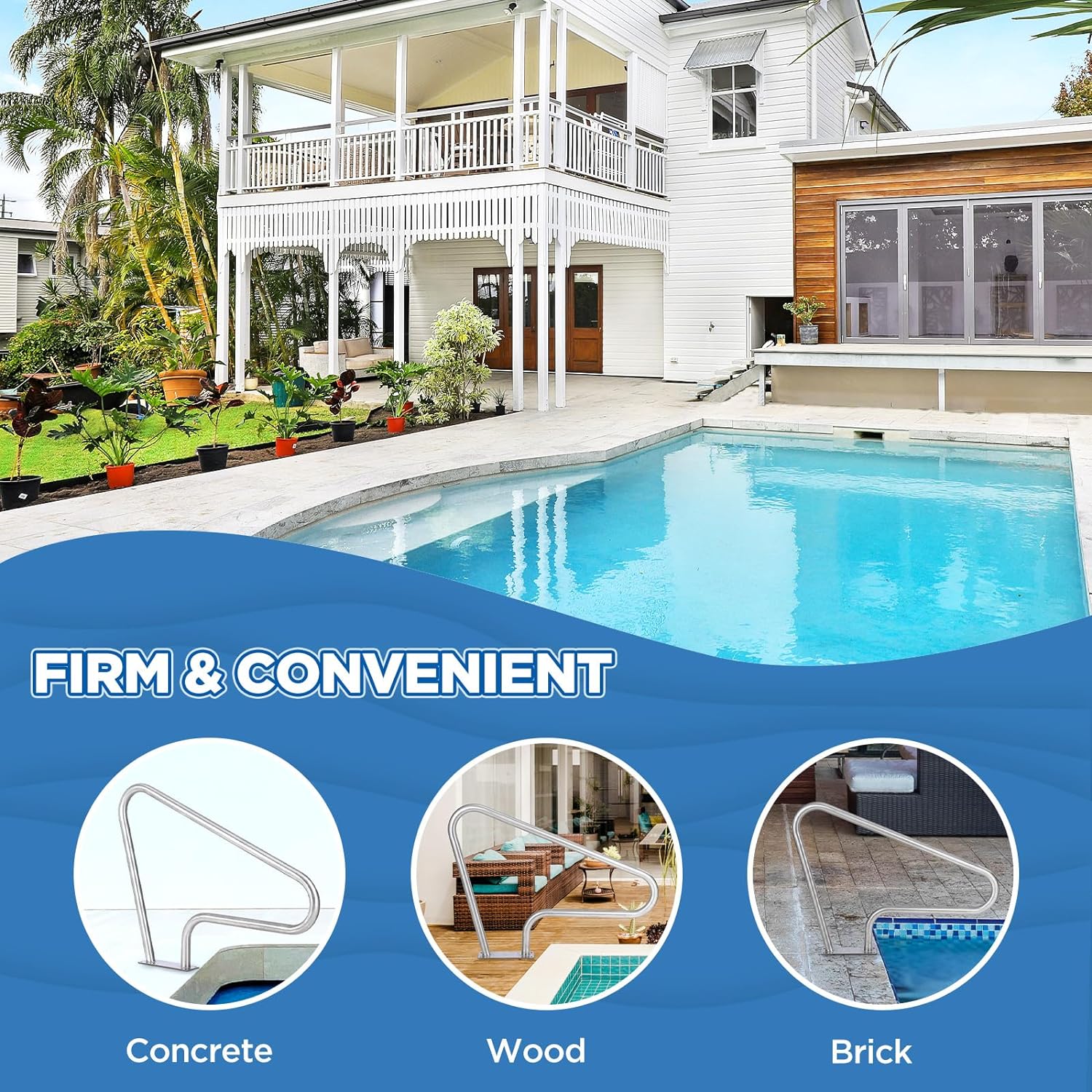 Garvee Pool Handrail 48x36 Pool Rail 304 Stainless Steel Silver Rustproof Pool Stair Rail with Blue Grip Cover Humanized Swimming Pool Railing, Quick Mount Accessories for Pools and Spas