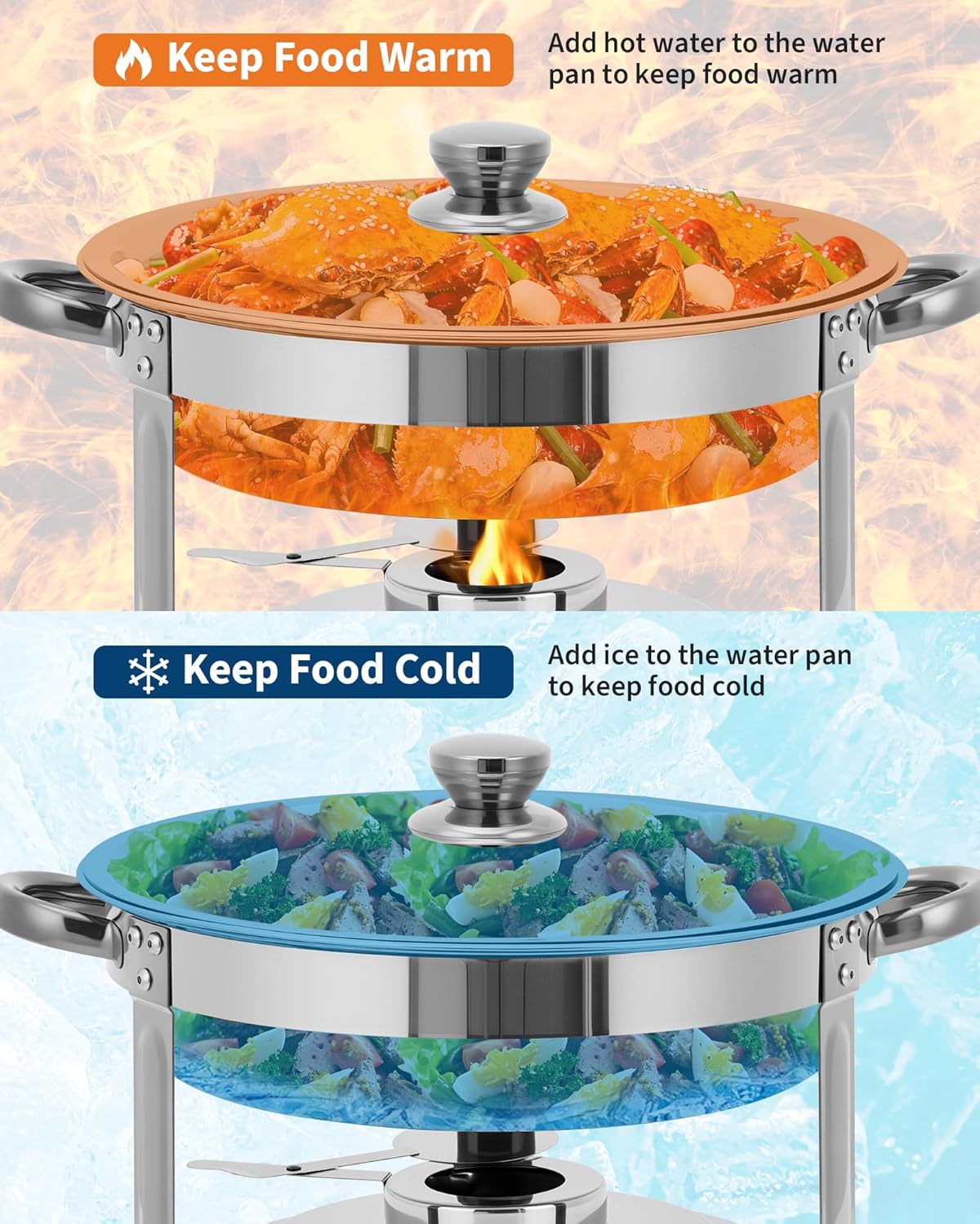 Garvee Industrial 4 Pack 5QT Stainless Steel Round Chafing Dish Buffet Set - Insulated Food Warmer with Stackable Lids for Catering, Parties, Weddings, Banquets - Durable Portable Server, 4pcs