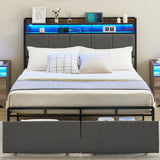 Garvee Full Bed Frame with 2-Tier Storage Headboard, Upholstered Platform Bed Frame with 2 Storage Drawers, Built in Charging Station & LED, Noise-Free/Metal Support/No Box Spring Needed, Brown - Brown