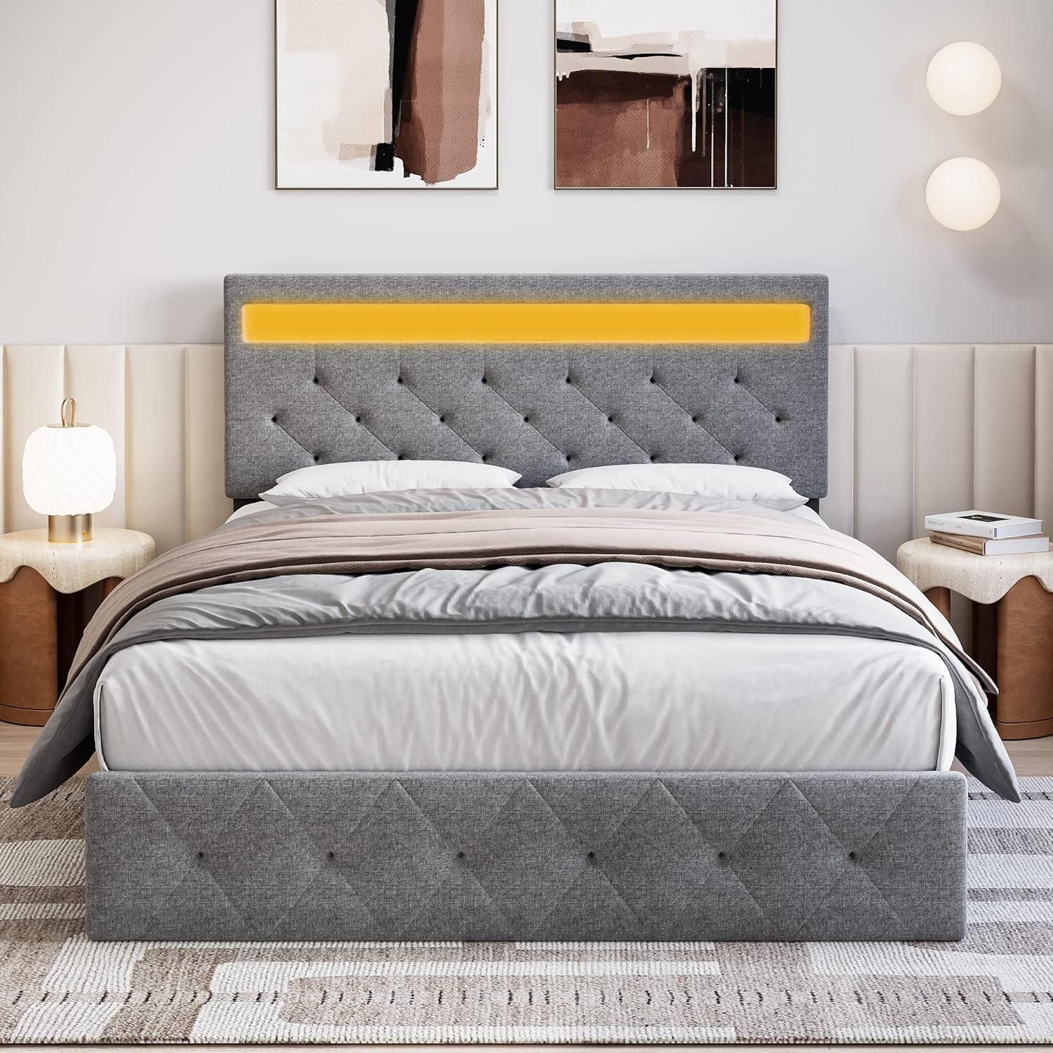 Garvee Full Bed Frame with LED Lights Headboard, LED Bed Frame with Fast-Charging USB Port, Upholstered Platform Bed Frame, No Box Spring Needed, Easy Assembly, Grey