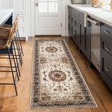Garvee Washable Vintage Runner Rug - 2x6 Traditional Oriental Medallion Floral Design Area Rug, Stain Resistant Indoor Print Carpet for Entryway Bedroom Living Room Office Kitchen, Kid & Pet Friendly, Beige - Beige