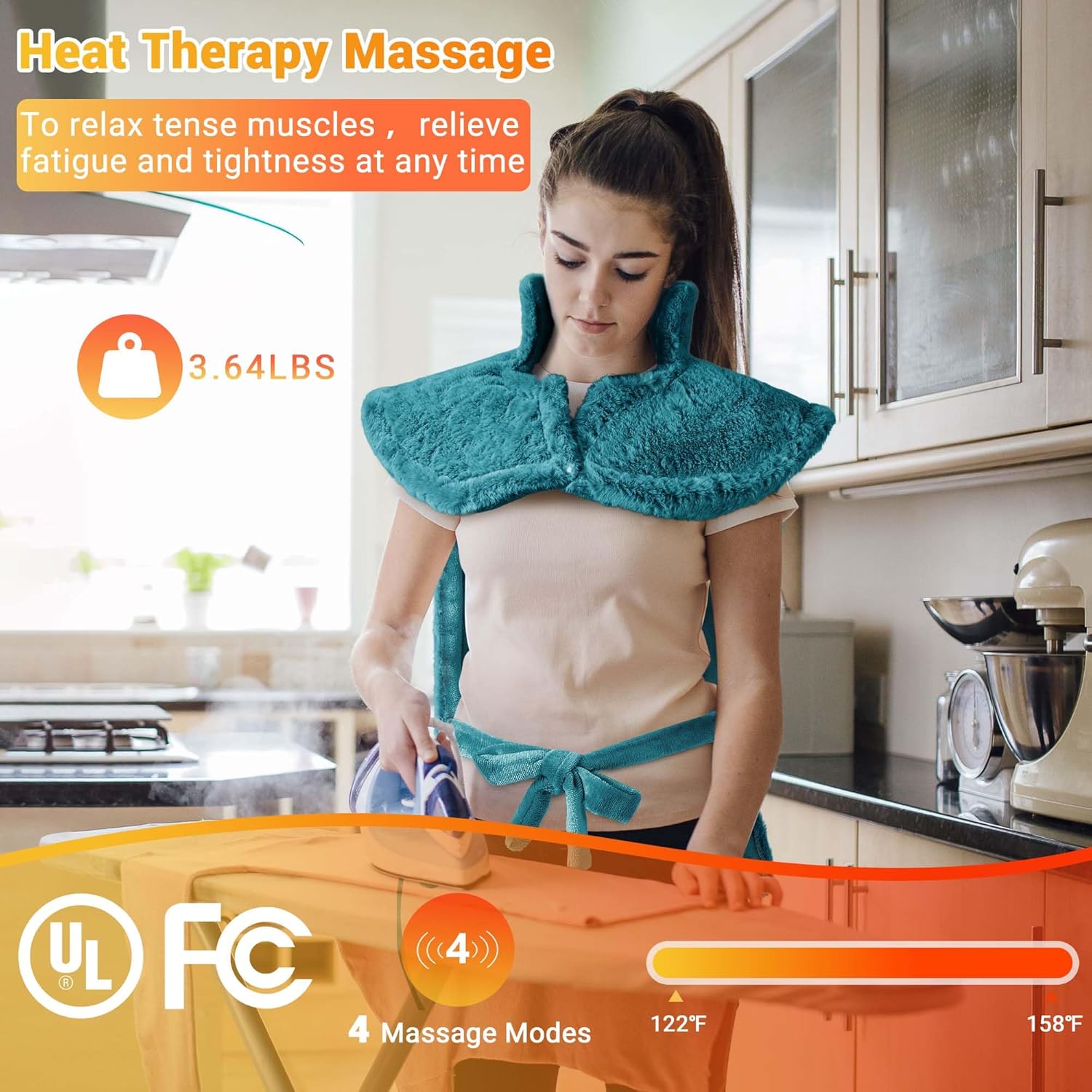 Garvee Massaging Heating Pad for Neck and Shoulders and Back, 24" x 35" Large Electric Heating Pad for Back Pain Relief with 3 Heat Levels, 4 Massage Settings, 2H Auto Shut-Off, 4 Massage Motors, Teal