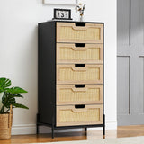 Garvee Rattan Dresser Tall 5-Drawer Storage Unit for Bedroom, Closet, Living Room - Smooth Metal Slides, Anti-Tip Device, Easy Assembly - Black+Oak