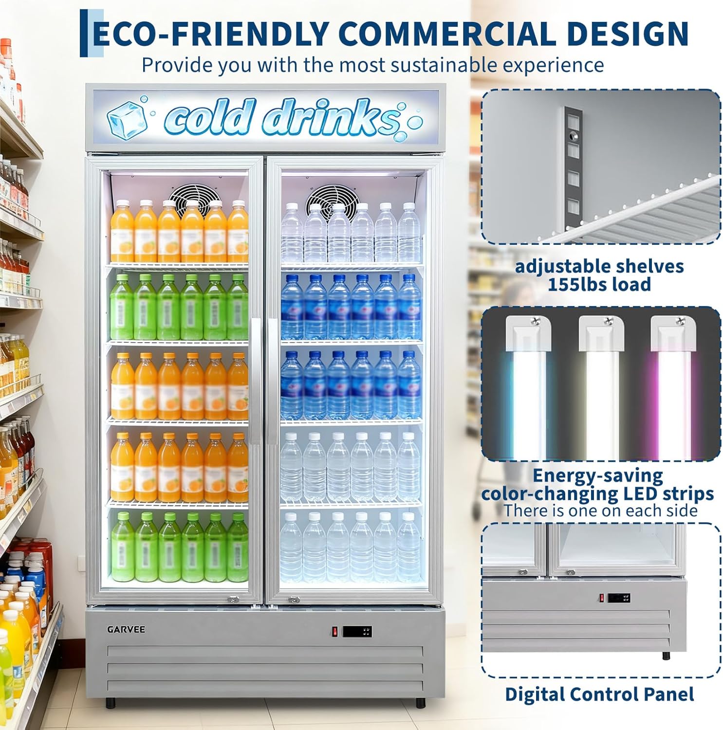 GARVEE 34.8 Cu.ft Double Door Commercial Beverage Cooler - 580-Can Glass Display Fridge | Frost-Free Air-Cooled, RGB Lights, Adjustable Shelves | for Bar/Restaurant/Store (Silver)