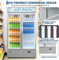 GARVEE 34.8 Cu.ft Double Door Commercial Beverage Cooler - 580-Can Glass Display Fridge | Frost-Free Air-Cooled, RGB Lights, Adjustable Shelves | for Bar/Restaurant/Store (Silver)