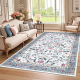 Garvee Washable Rug 6x9 Low Pile Farmhouse Floral Rug Non-Shedding Indoor Foldable Carpet Light Blue - Light Blue