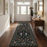 Garvee Floral Runner Rug 2x6 Washable Peacock Print Soft Non-Slip Low Pile Thin Carpet Black for Entryway Bedside Kitchen Nursery - Black