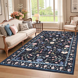 Garvee Washable Rug 6x9 Low Pile Farmhouse Floral Rug Non-Shedding Indoor Foldable Carpet Dark Blue - Dark Blue