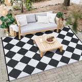 Garvee Outdoor Black & White 9x18 Rug Waterproof Reversible Outdoor Plastic Straw Rug with 4 Stakes & Portable Bag Boho Patio Rugs Carpet RV Mat Outside for Patio Camp Balcony Deck Picnic - Black & White