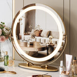 Garvee 19" Vanity Mirror with Led Lights, Large Round HD Makeup Mirror with Touch Control and 3 Color Lighting Modes, 360° Rotating Vanity Mirror for Bedroom, Table Top, Easy to Install, Gold - Gold