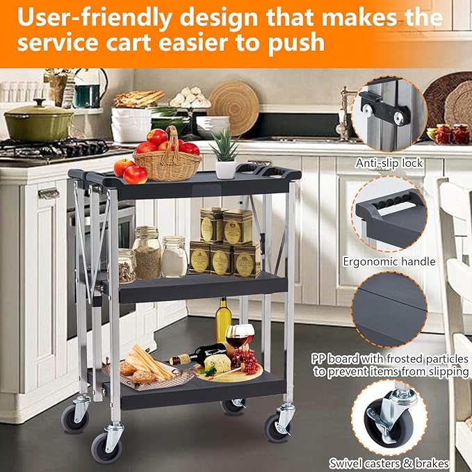 Garvee 3-Shelf Foldable Service Cart, 330Lbs Capacity, Lockable Swivel Wheels, Portable Utility Cart for Home, Office, and Warehouse