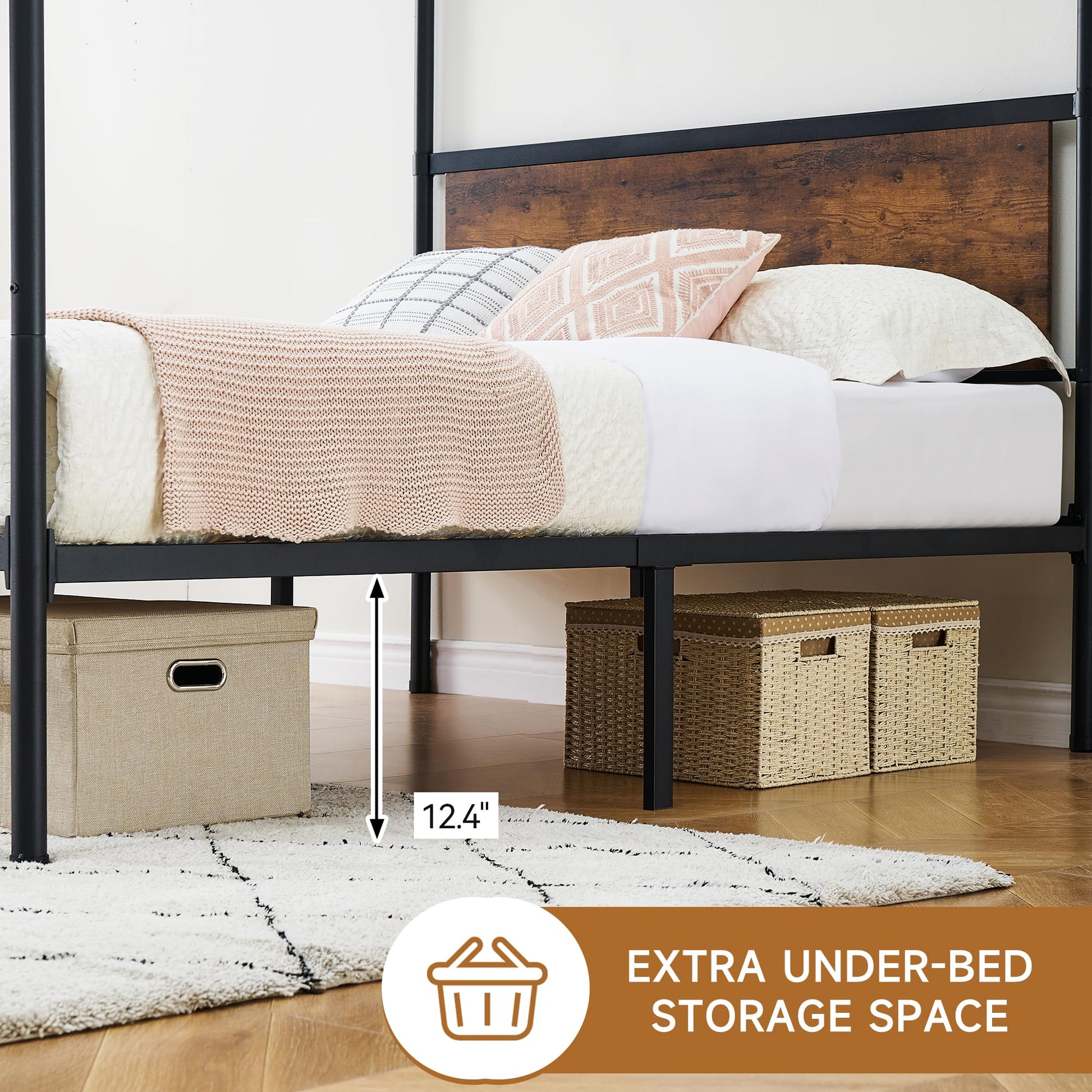 Garvee Queen Canopy Bed Frame, Industrial Metal Four-Poster with Headboard, Wooden Slats, Storage, No Box Spring, Easy Assembly