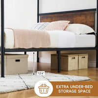 Garvee Queen Canopy Bed Frame, Industrial Metal Four-Poster with Headboard, Wooden Slats, Storage, No Box Spring, Easy Assembly