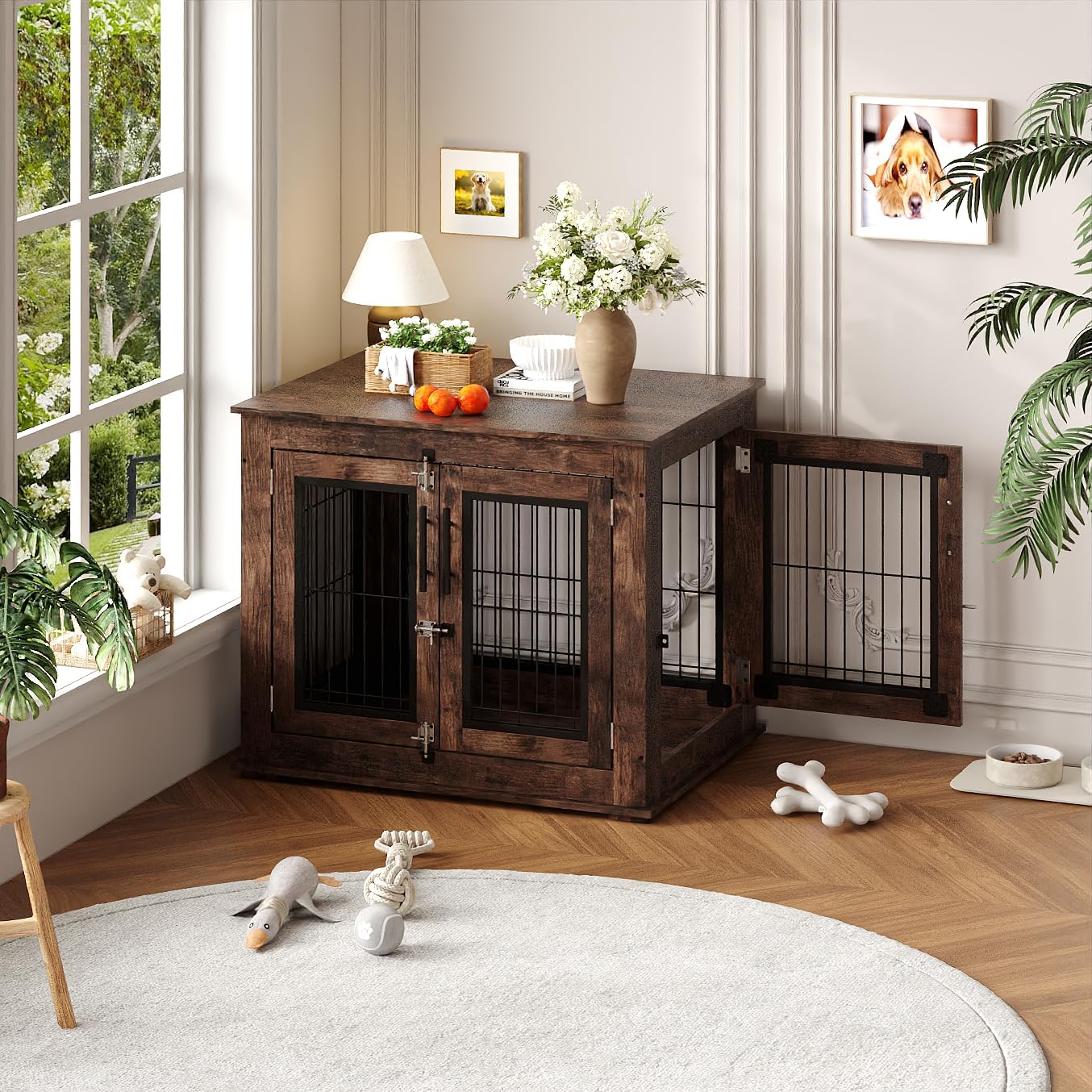 Garvee Medium Farmhouse Dog Crate Furniture End Table, Heavy Duty Wooden Kennel Cabinet with Double Doors for Small/Medium Dogs, Chew-Resistant Indoor Dog House Console for Living Room