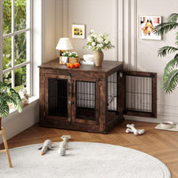 Garvee Medium Farmhouse Dog Crate Furniture End Table, Heavy Duty Wooden Kennel Cabinet with Double Doors for Small/Medium Dogs, Chew-Resistant Indoor Dog House Console for Living Room