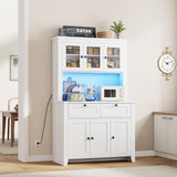Garvee Pantry Cabinet with Charging Station, Farmhouse Kitchen Storage Cabinet with Countertop, Large Hutch with Adjustable Shelves, Water Ripple Design, White - White