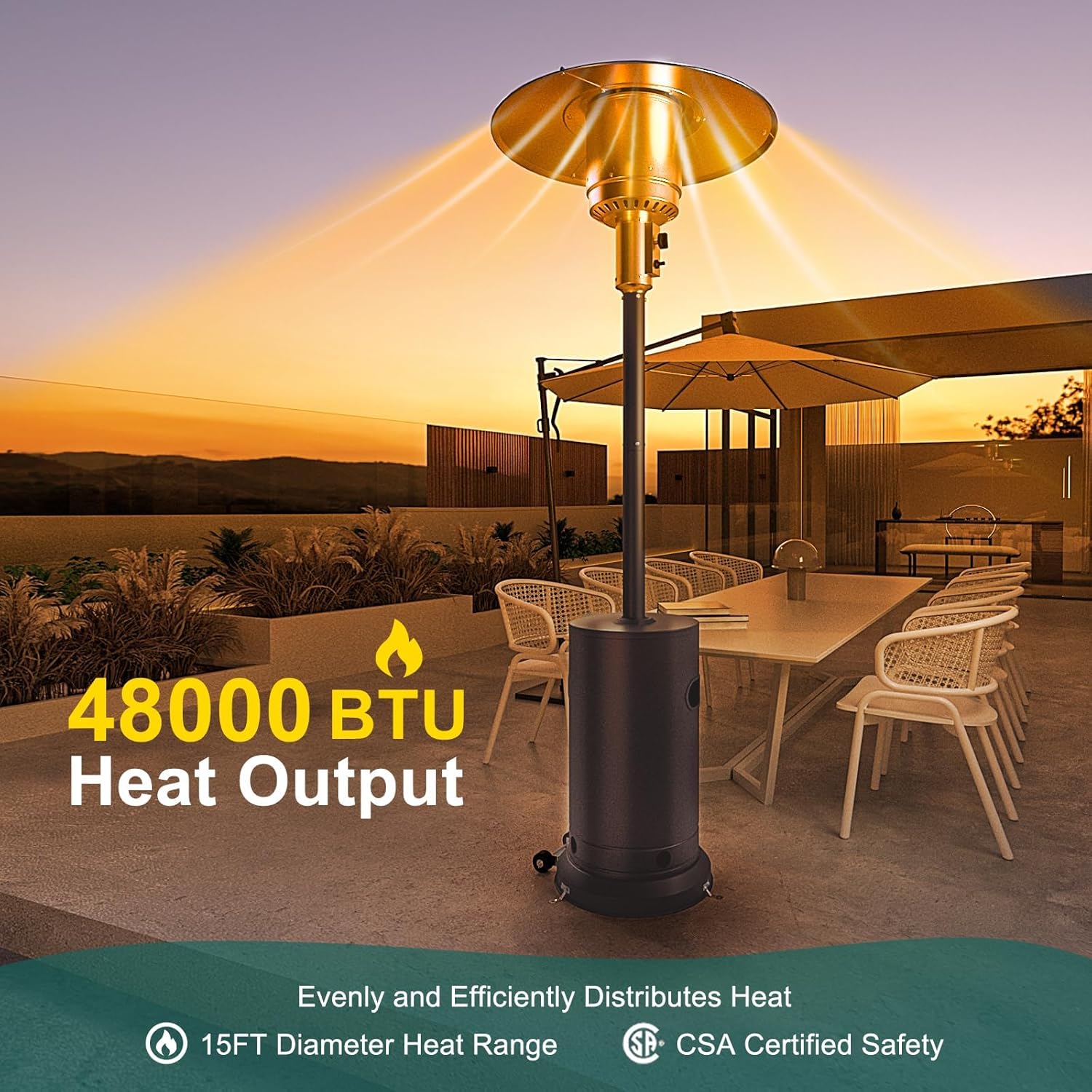 Garvee Patio Heater, 48,000 Btu Portable Heater With Patio Cover, Propane Outdoor Heaters for Patio, Backyard, Balcony With Wheels (Bronze)