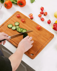 Garvee 3-Piece Deep Carbonized Bamboo Cutting Board Set with Holder – Multi-Size Wooden Chopping Boards for Kitchen, Durable Butcher Block with Deep Juice Grooves & Built-in Handles, For Meat, Vegetables, Fruits, meat and cheese board board (15x10, 12x8,