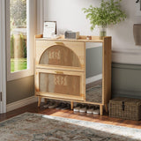 Garvee Rattan Shoe Cabinet with 2 Flip Drawers & Mirror, Adjustable Shelves, Natural Color, Entryway & Closet Storage