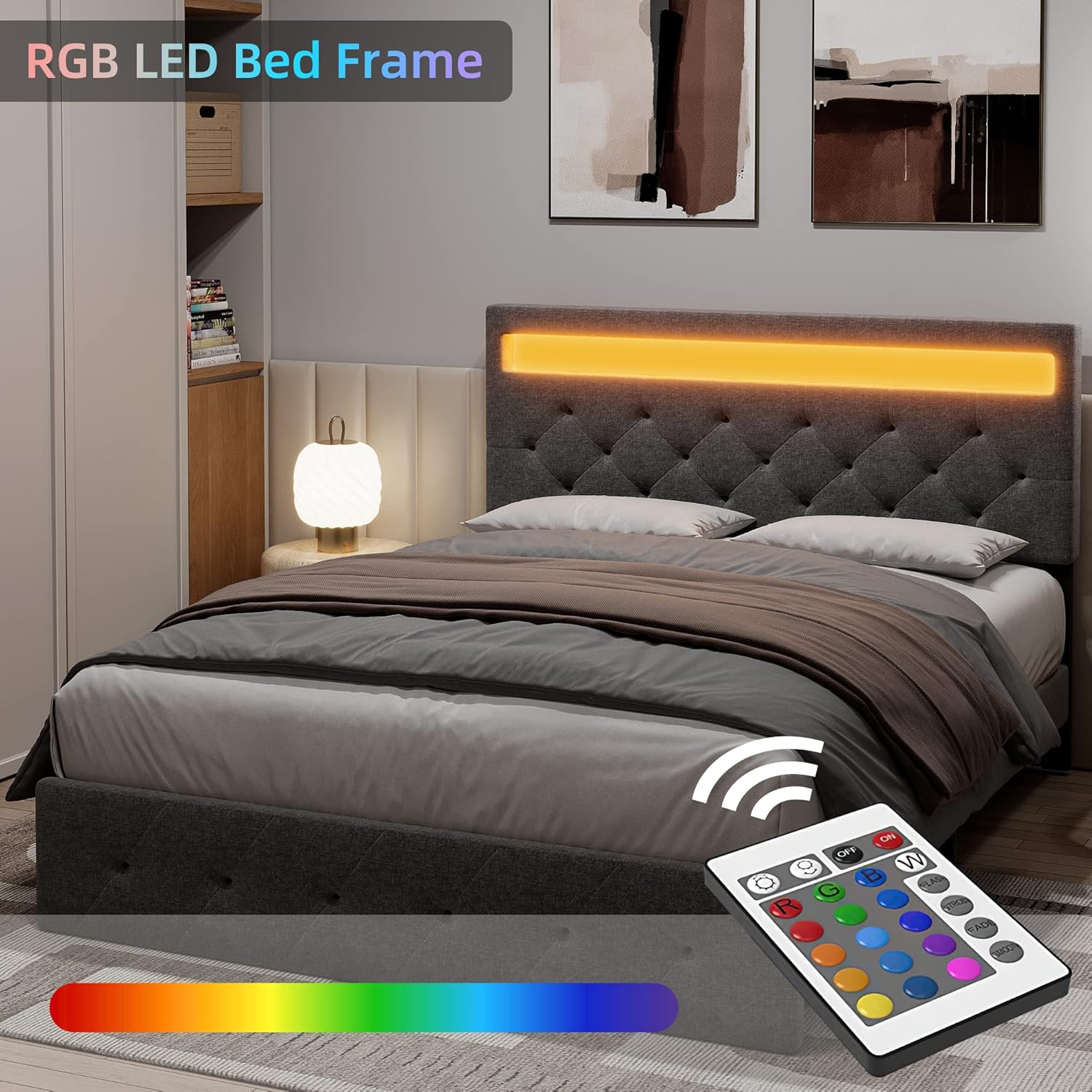 Garvee Full Bed Frame with LED Lights Headboard, LED Bed Frame with Fast-Charging USB Port, Upholstered Platform Bed Frame, No Box Spring Needed, Easy Assembly, Grey
