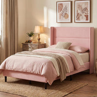 Garvee Twin Bed Frames with Wingback Headboard, Velvet Upholstered Platform Bed Frame with Sturdy Wooden Slats Support, No Box Spring Needed, Easy Assembly, Pink