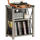 Garvee Record Player Stand with Storage, Farmhouse Wooden Turntable Stand with X Metal Frame, 3-Tier Rustic Record Player Side Table for Living Room, Bedroom, Office - Grey - Grey