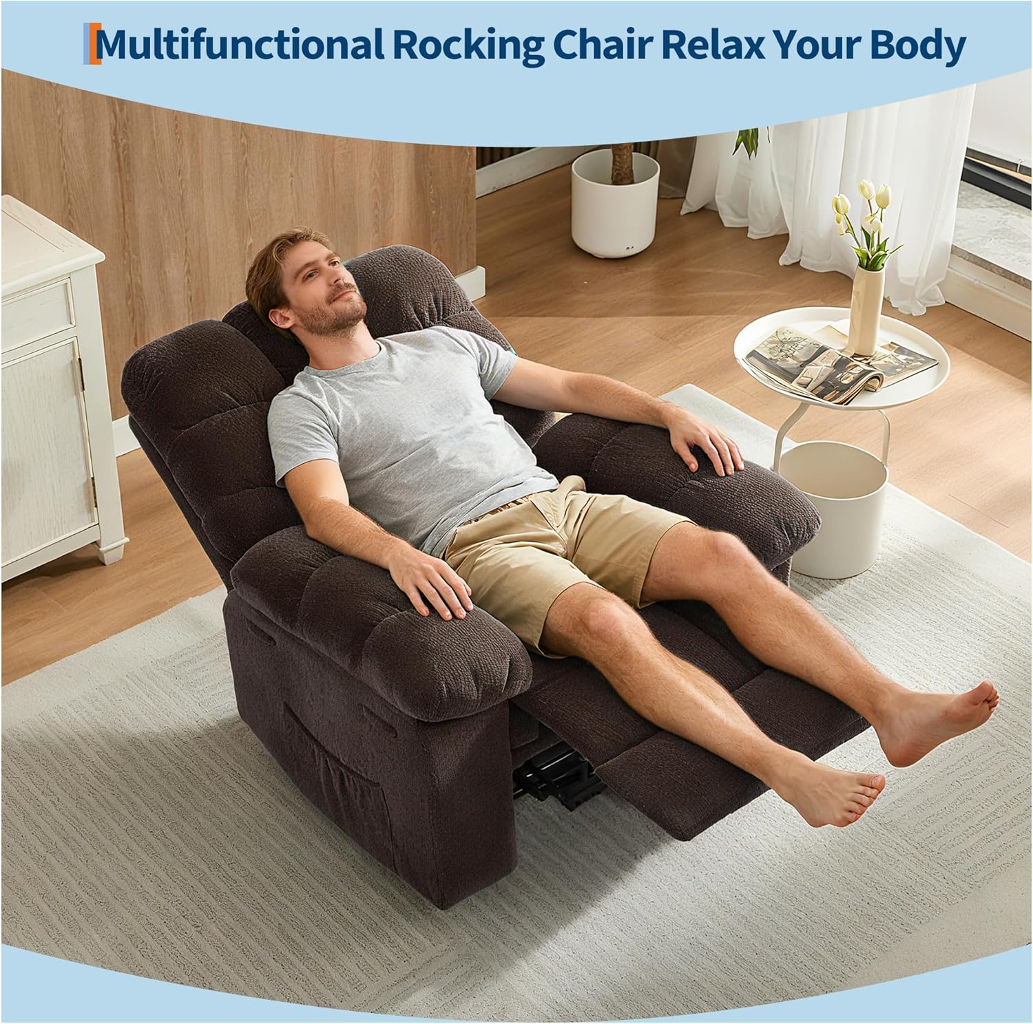 Garvee Manual Recliner Chair for Living Room, Overstuffed Fabric Reclining Sofa with Side Pockets, Ergonomic Upholstered Lazy Chair with Q235 Steel Frame for Adults (Brown)