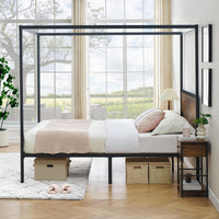 Garvee Queen Canopy Bed Frame, Industrial Metal Four-Poster with Headboard, Wooden Slats, Storage, No Box Spring, Easy Assembly