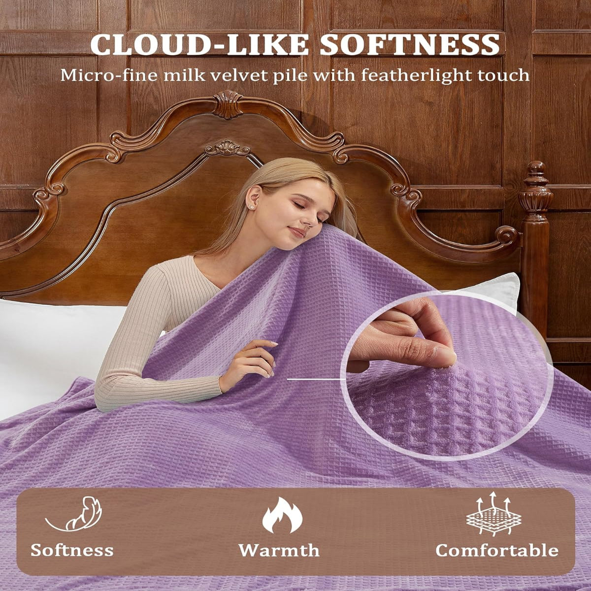Garvee Electric Heated Throw Blanket, Waffle Textured Heating Blanket, Plush Flannel & Sherpa for Sofa, 4 Heat Levels, 4-Hour Auto Shut Off, Machine Washable, 50"x60", Purple